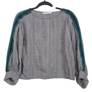 Zara Basic Women Small Grey Plaid Top Green Racing Stripe Puff Sleeve Preppy ~
